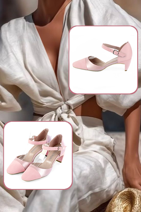 Women's light pink open side dress shoes, with an instep strap. Round toe. Medium comma heels - Top view